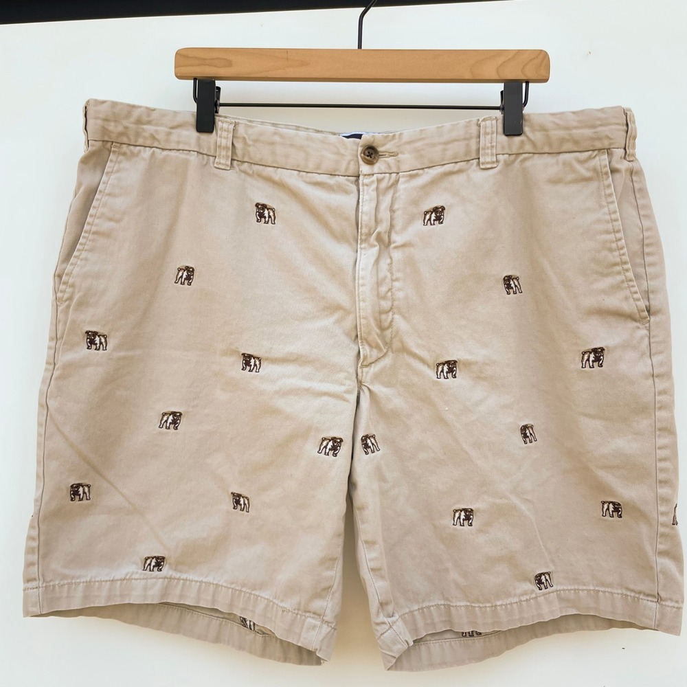 Bulldog Embroidered Chino Shorts Size 42 Mens Tan Khaki Cotton Twill Preppy
